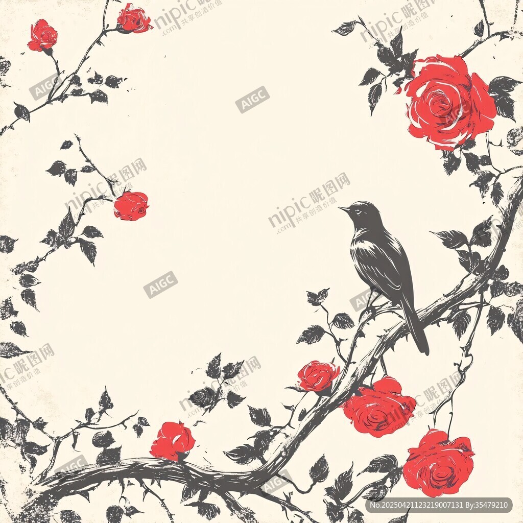 花鳥圖 玫瑰枝頭的小鳥