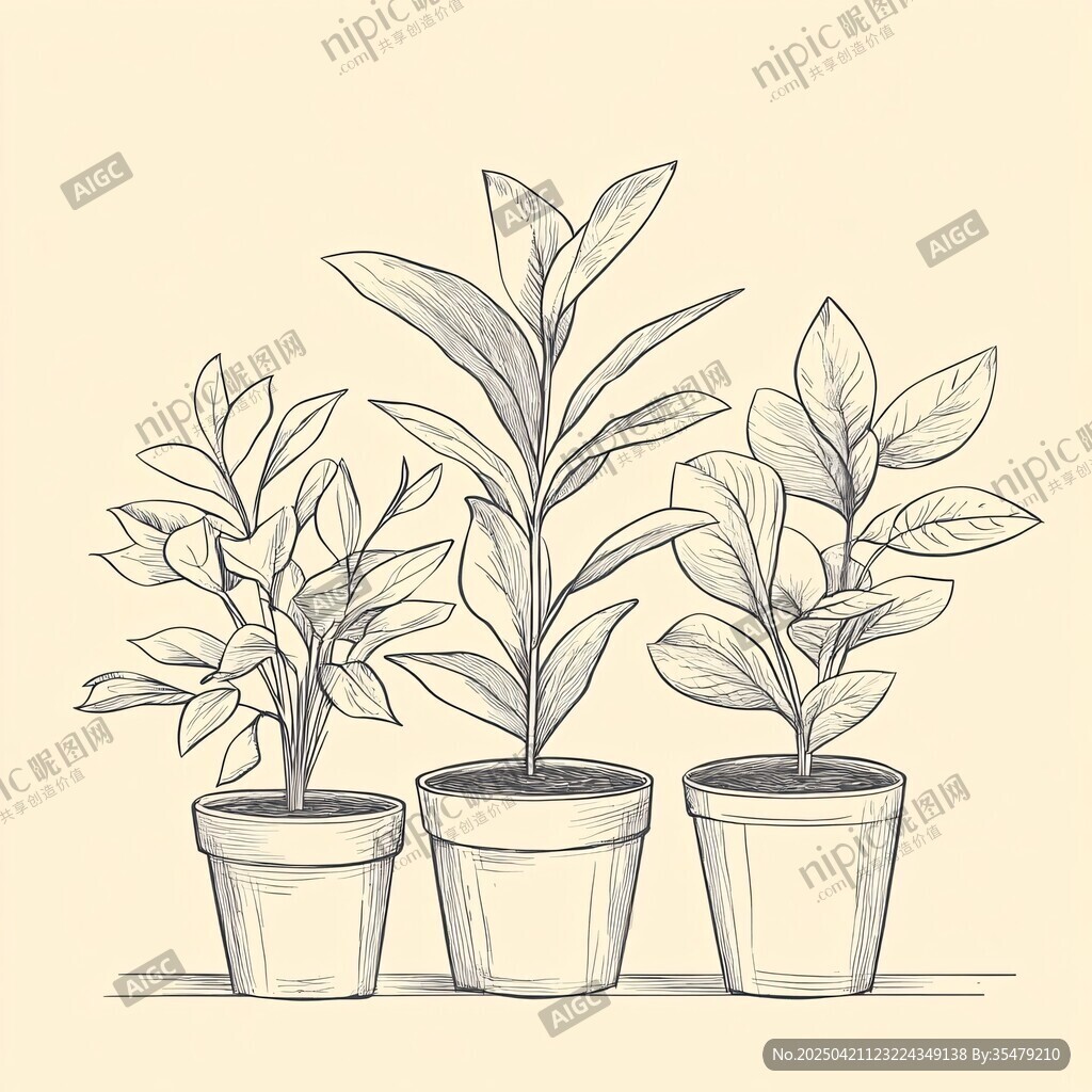 三盆綠植手繪線稿圖