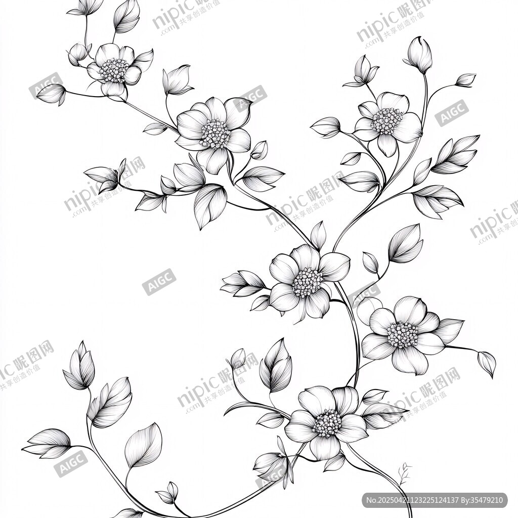 手繪花卉藤蔓黑白插畫