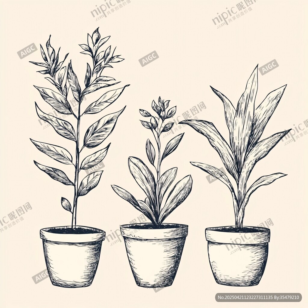 三盆植物的手繪插畫