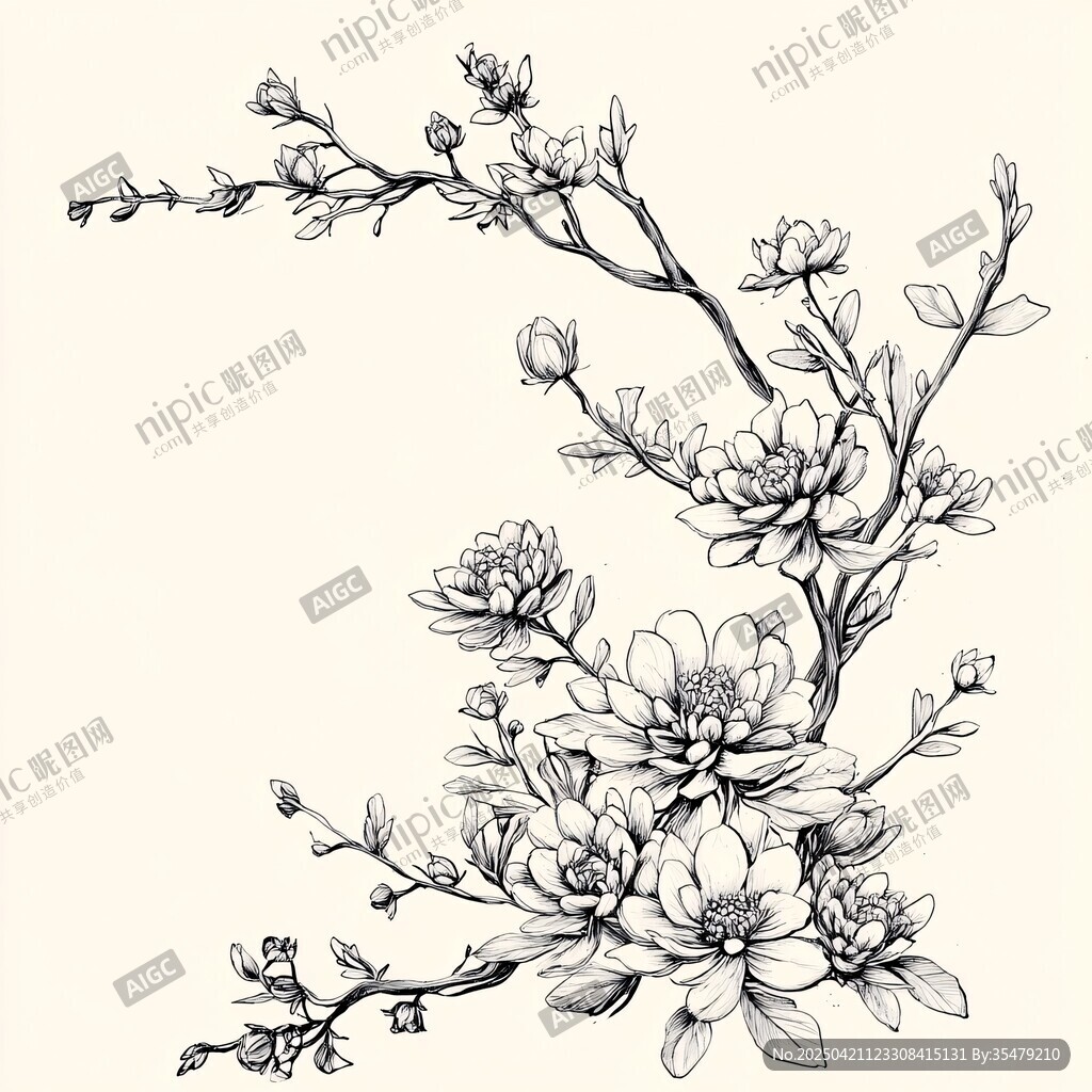 手繪花卉花枝優(yōu)雅線條圖