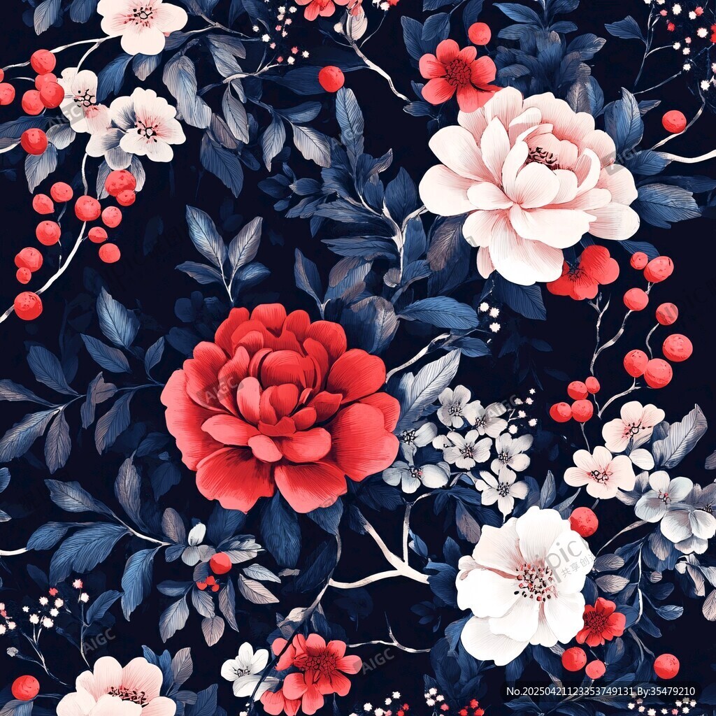 深藍(lán)底繁花圖案精美花卉