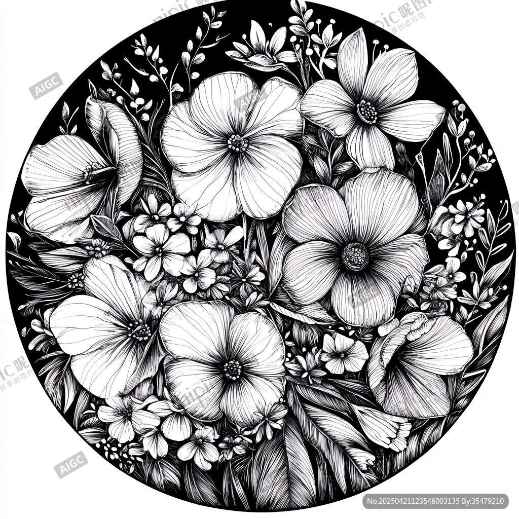 圓形花卉黑白插畫圖案