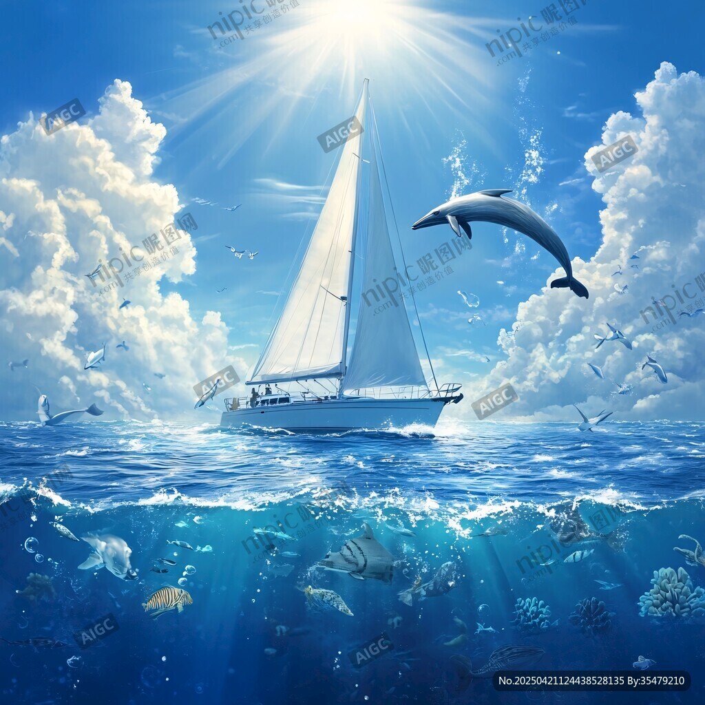 海上帆船伴海豚暢游美景