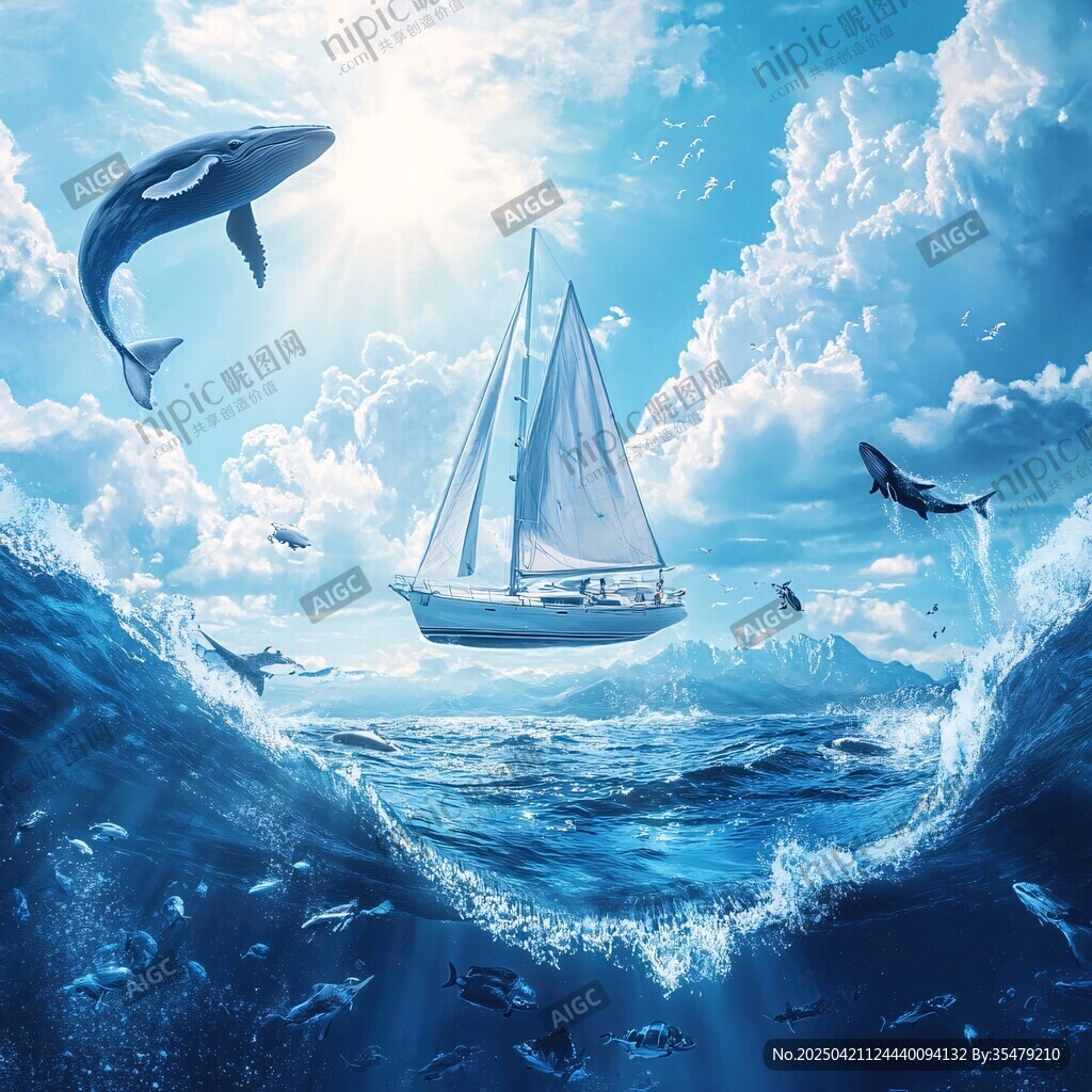 海上帆船與遨游鯨魚美景