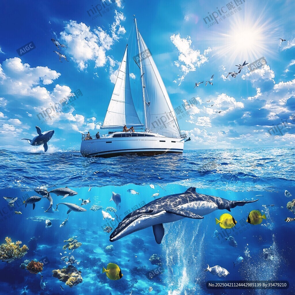 海上帆船與海洋生物奇幻景