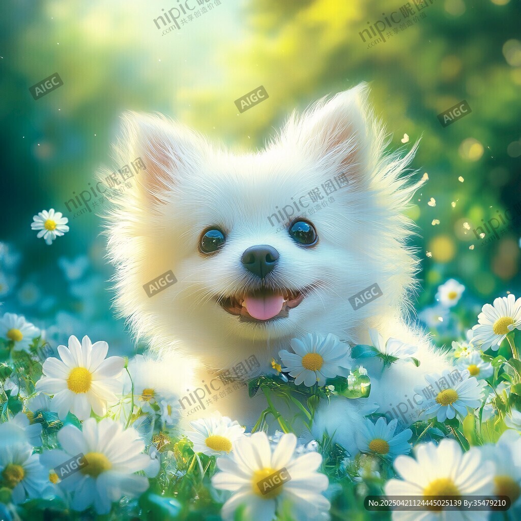 白小狗在雛菊中快樂微笑