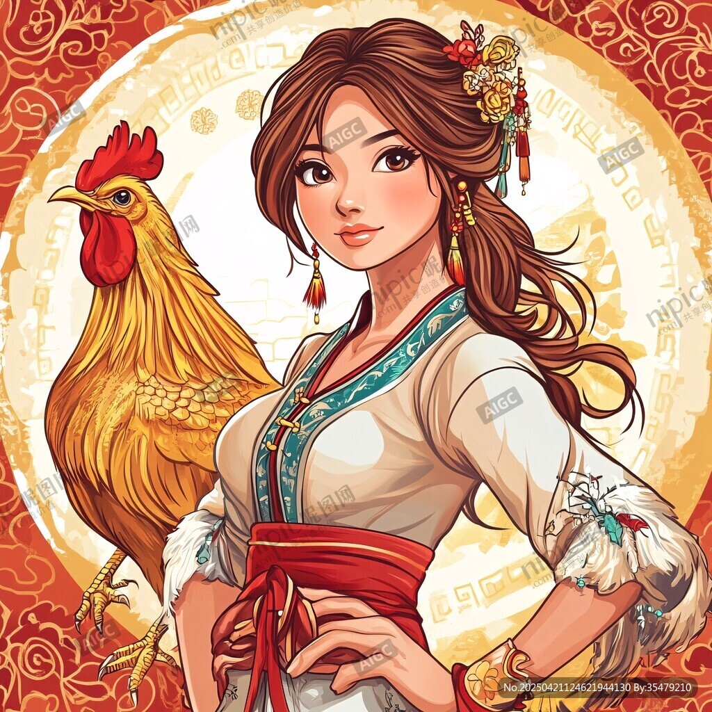 古風(fēng)美少女與金雞相伴