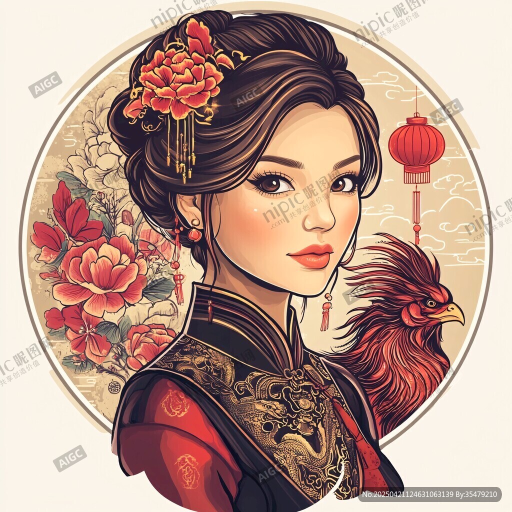 古典旗袍女子與吉祥雄雞