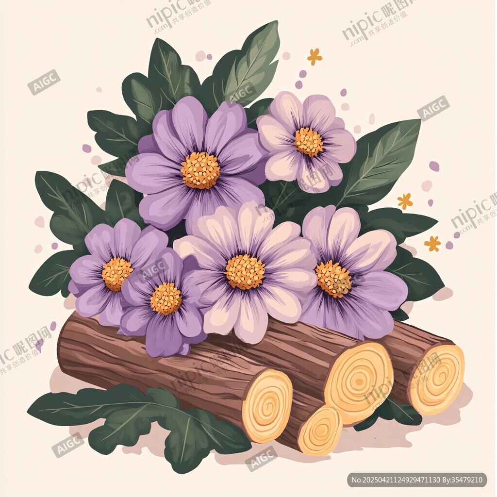 紫色花卉與原木插畫