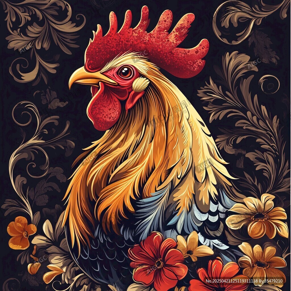 華麗公雞與花卉裝飾圖案