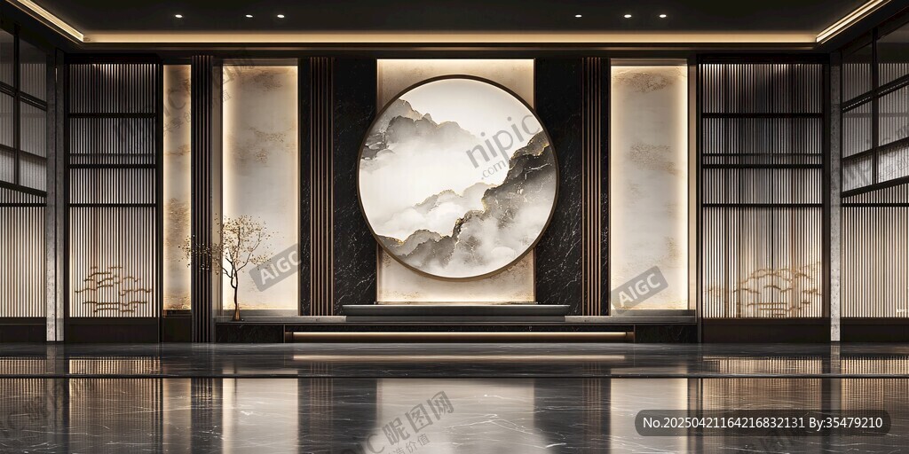中式典雅大廳山水圓畫背景
