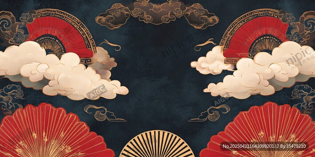 中式古風(fēng)折扇云紋裝飾圖