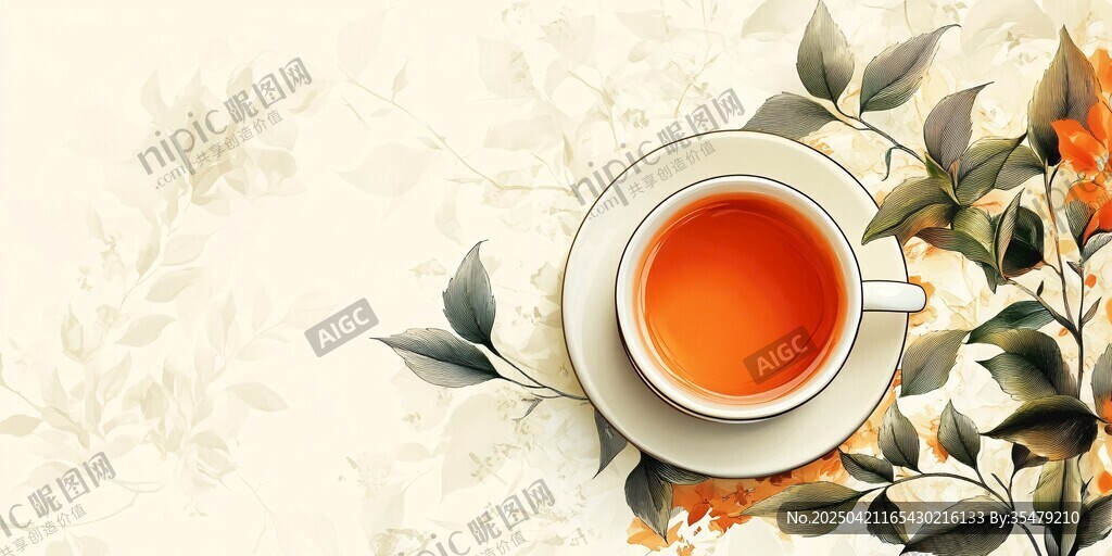 一杯熱茶伴花葉
