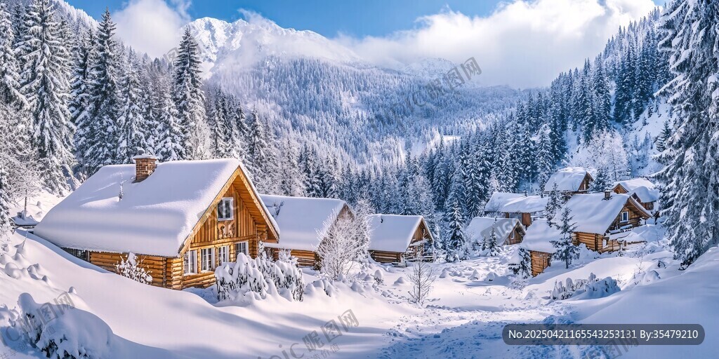 冬日山間木屋雪景
