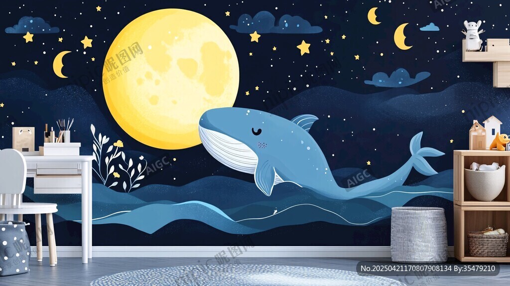 夢幻鯨魚月夜兒童房背景墻