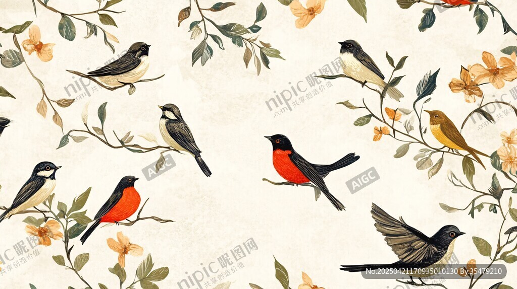花鳥(niǎo)圖案 靈動(dòng)鳥(niǎo)兒棲于花枝