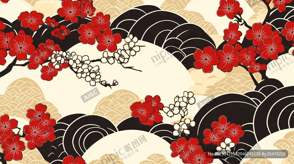 日式梅花海浪和風圖案