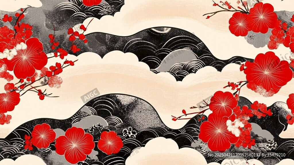 中式水墨梅花海浪紋飾圖
