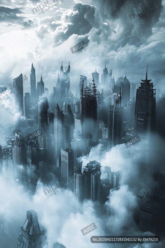云霧中的未來都市景觀