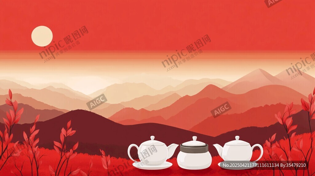 山間紅日下的雅致茶具
