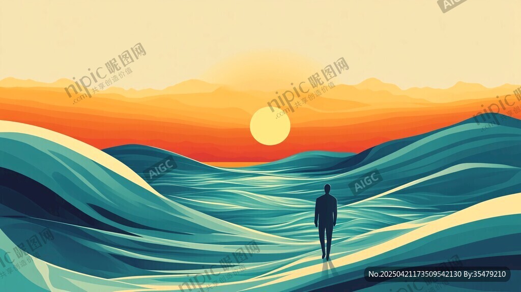 漫步于落日海浪間的身影