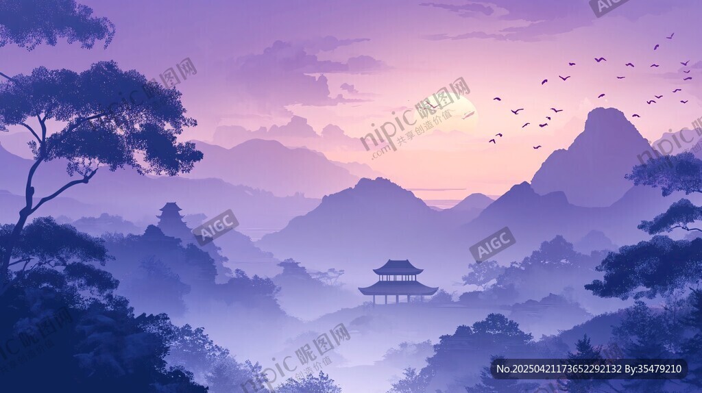 日暮山林中的古風(fēng)樓閣