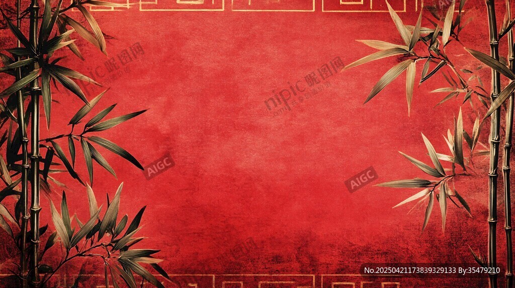 中式紅底翠竹背景圖