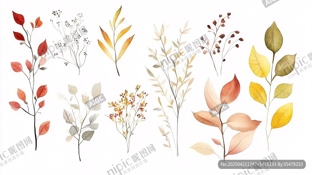 水彩風秋季植物枝葉插畫
