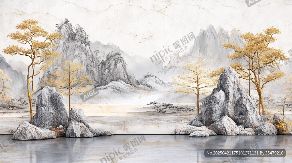 水墨山水間的金黃松巖景致