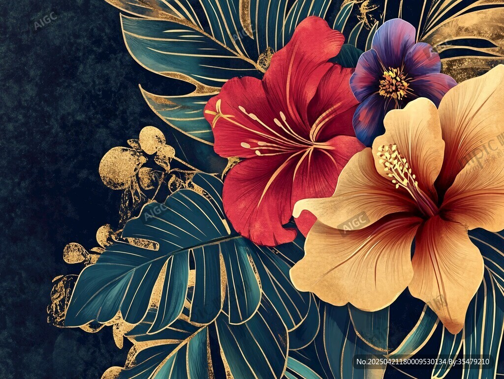 熱帶花卉金葉華麗插畫