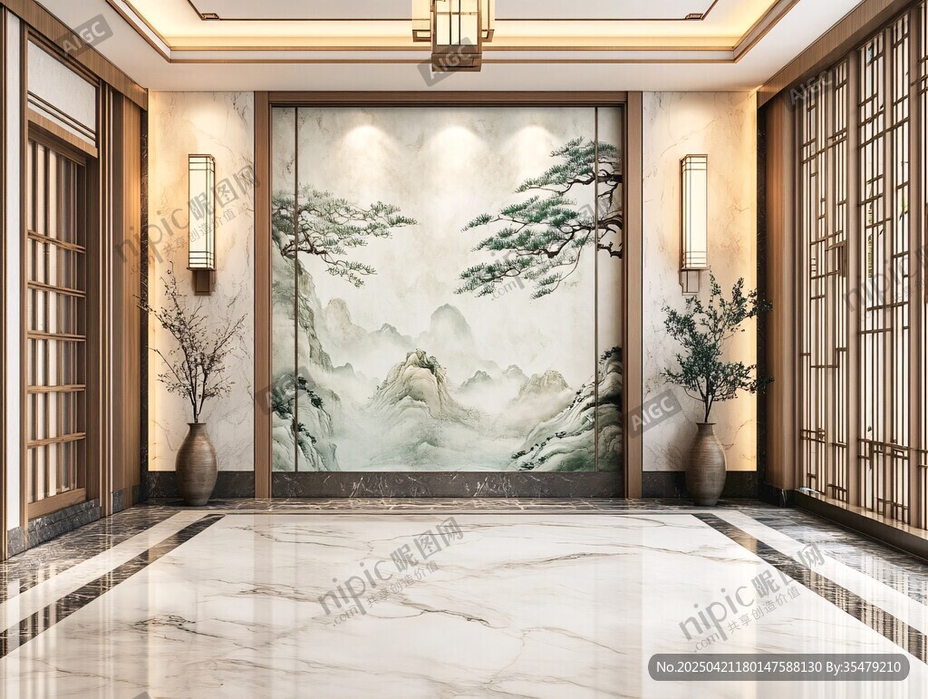 中式典雅玄關山水壁畫景