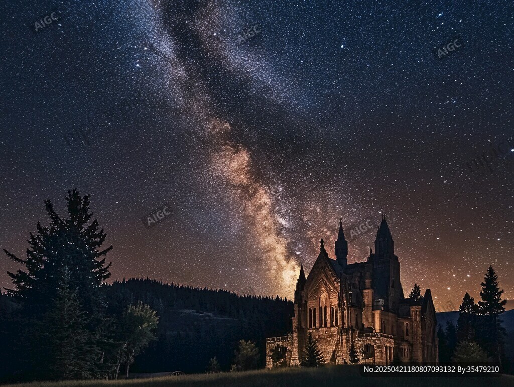星空下的神秘古老城堡