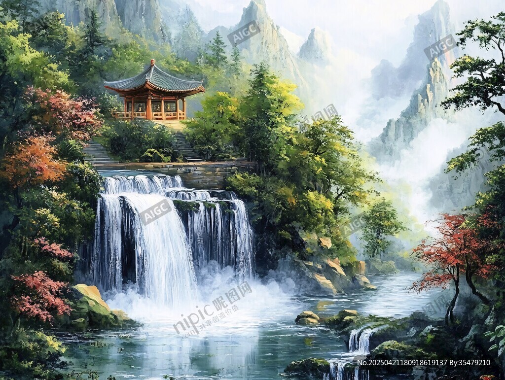 山間飛瀑旁的雅致亭閣