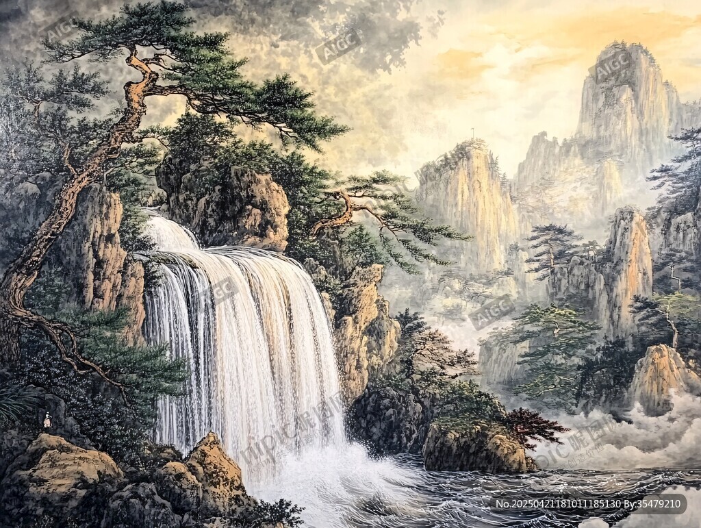 山水瀑布間的蒼松美景
