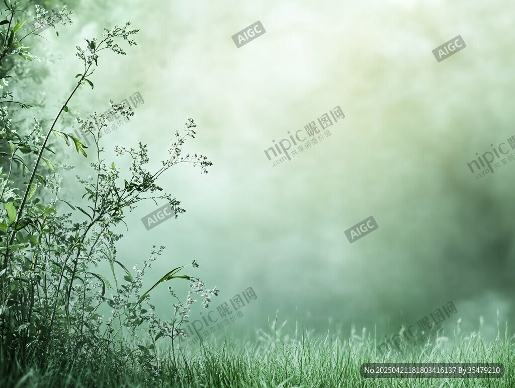 晨霧中的清新草地與枝葉