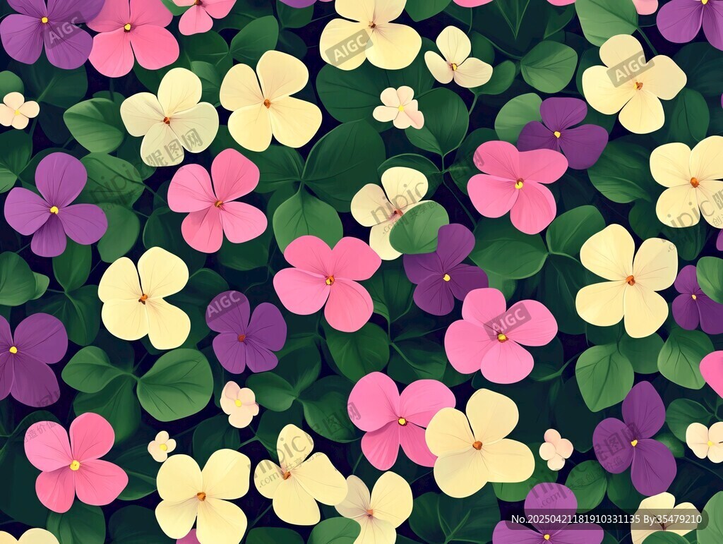 繽紛四瓣花綠葉背景圖