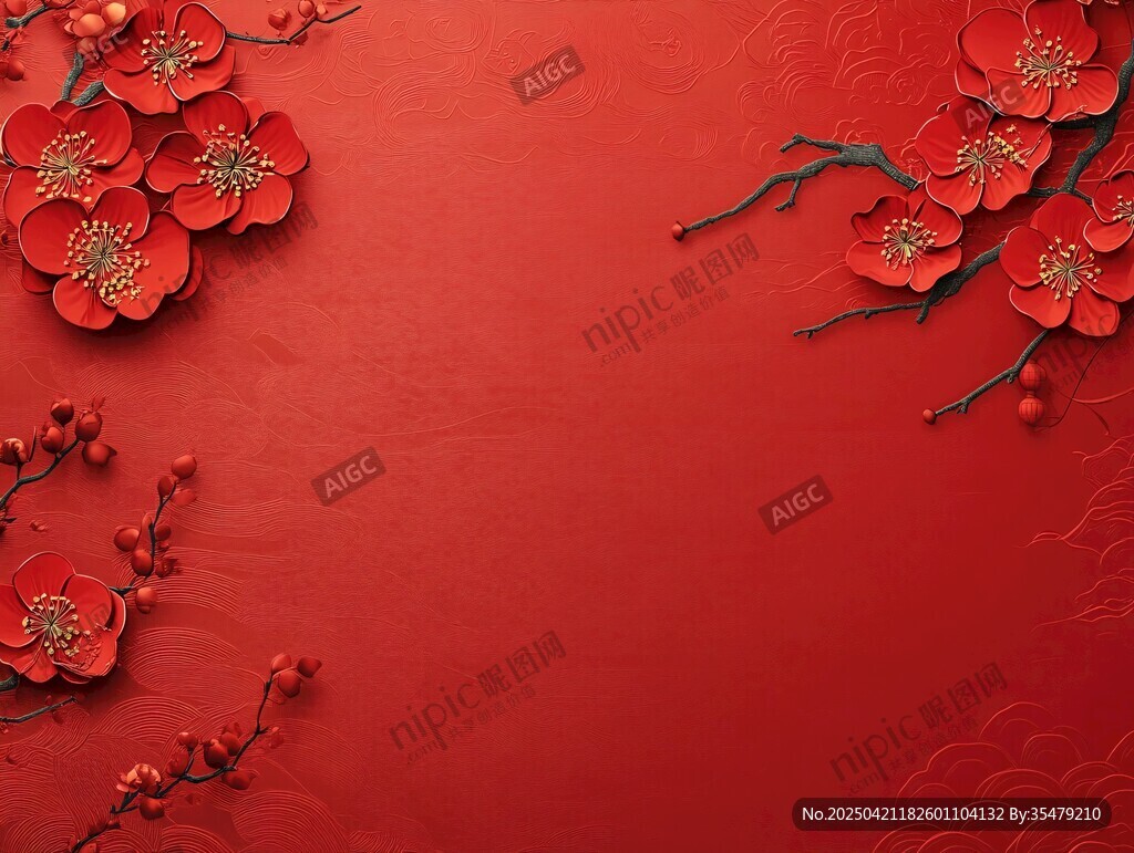 紅色背景上的精致紅梅圖案