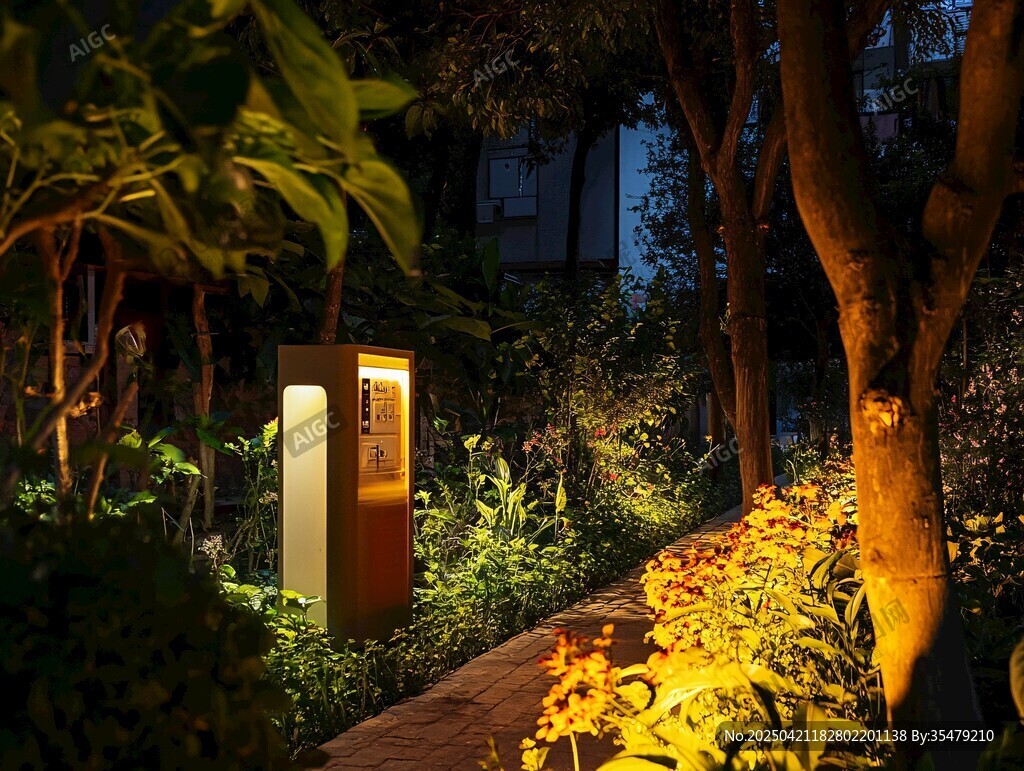 夜晚花園中的溫馨照明景致