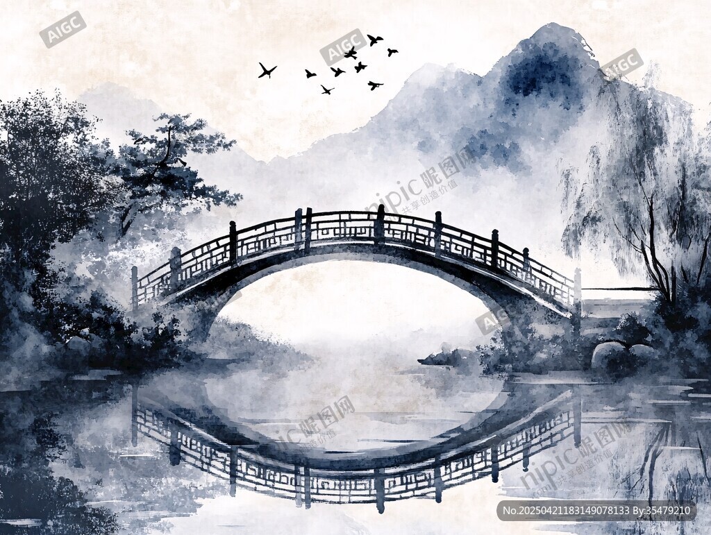 水墨橋景 飛鳥伴山水