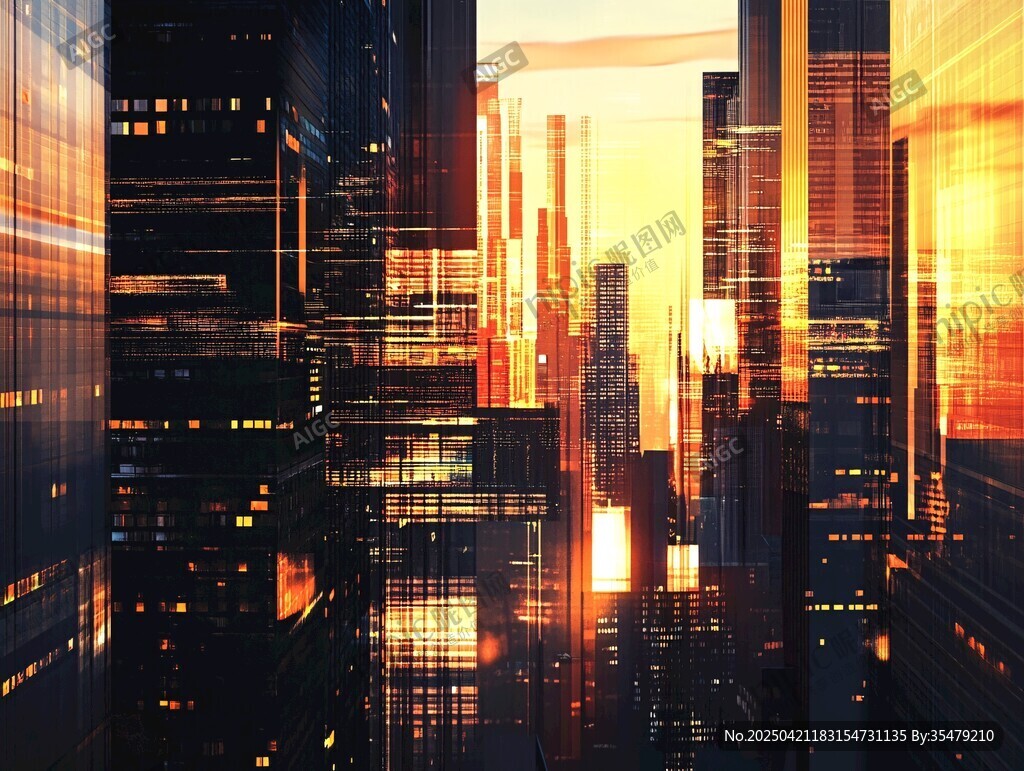 未來(lái)都市黃昏下的科技光影
