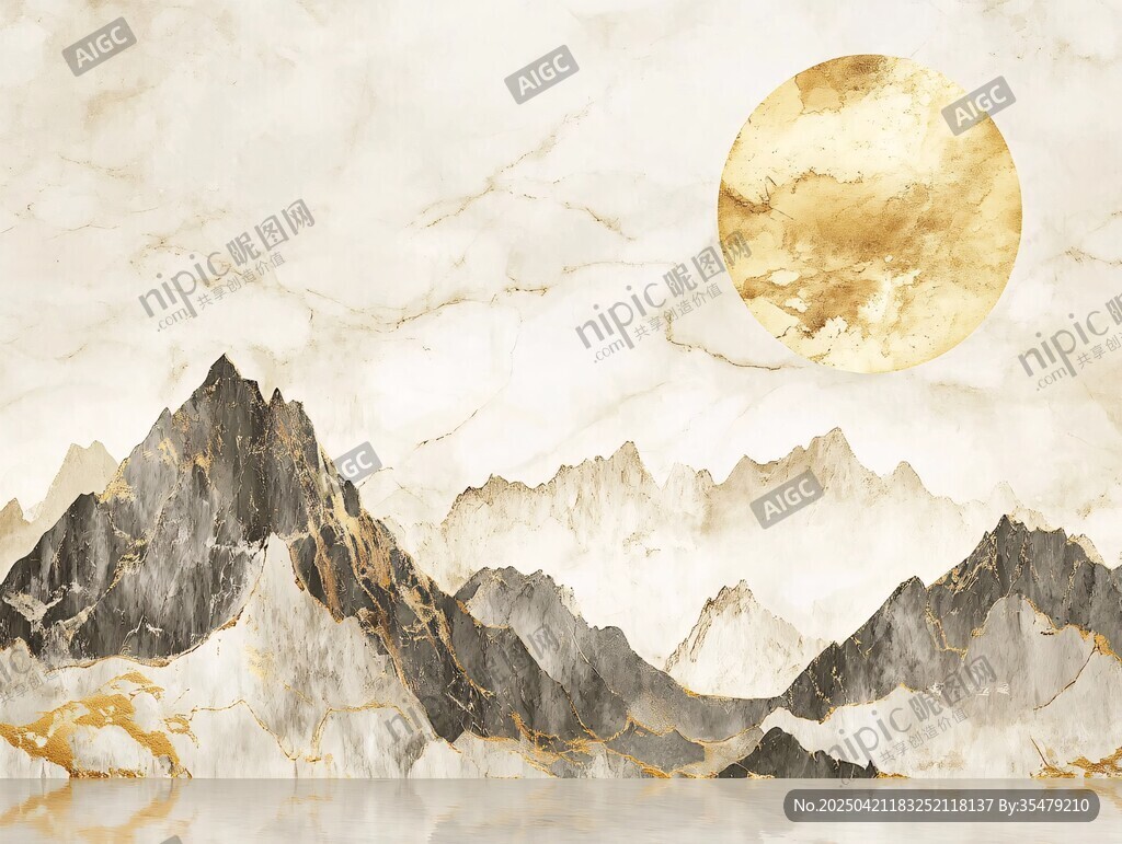 中式山水金月意境背景圖