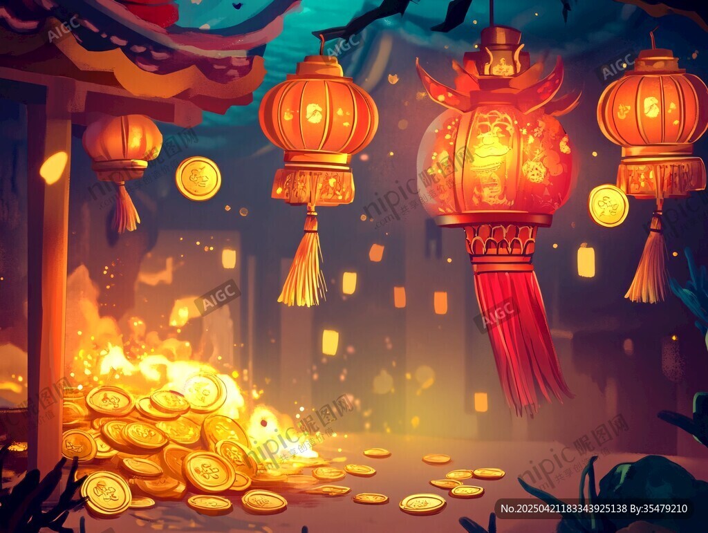 燈籠下的金幣堆喜慶場景