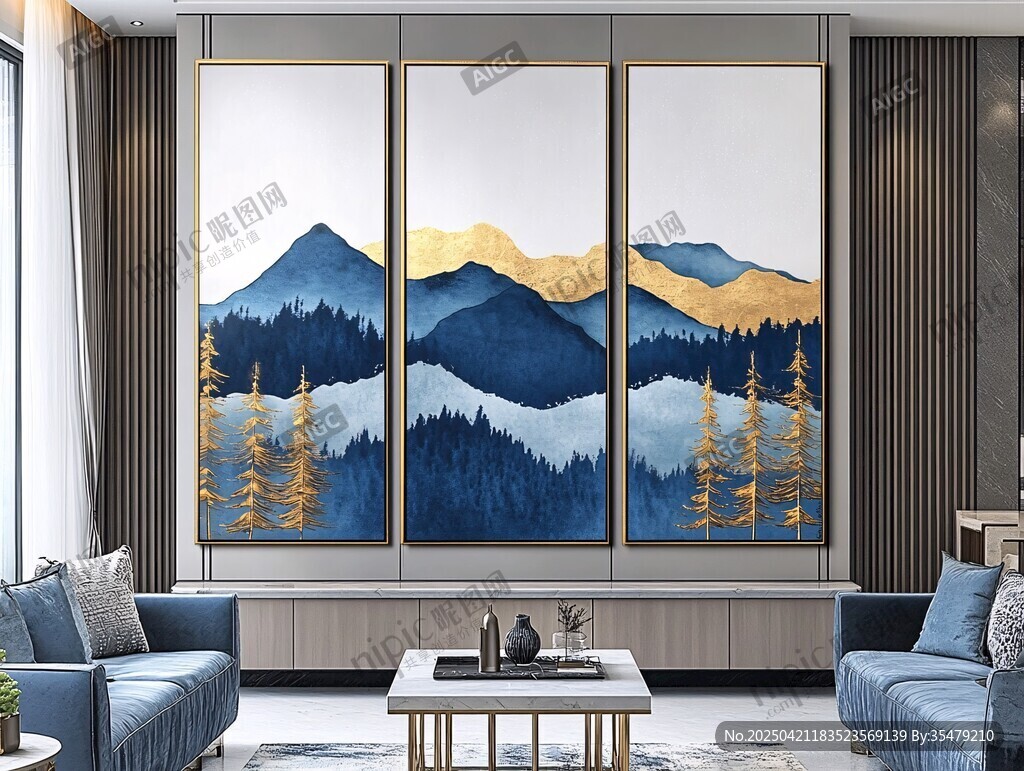 三聯(lián)山水裝飾畫(huà)客廳場(chǎng)景