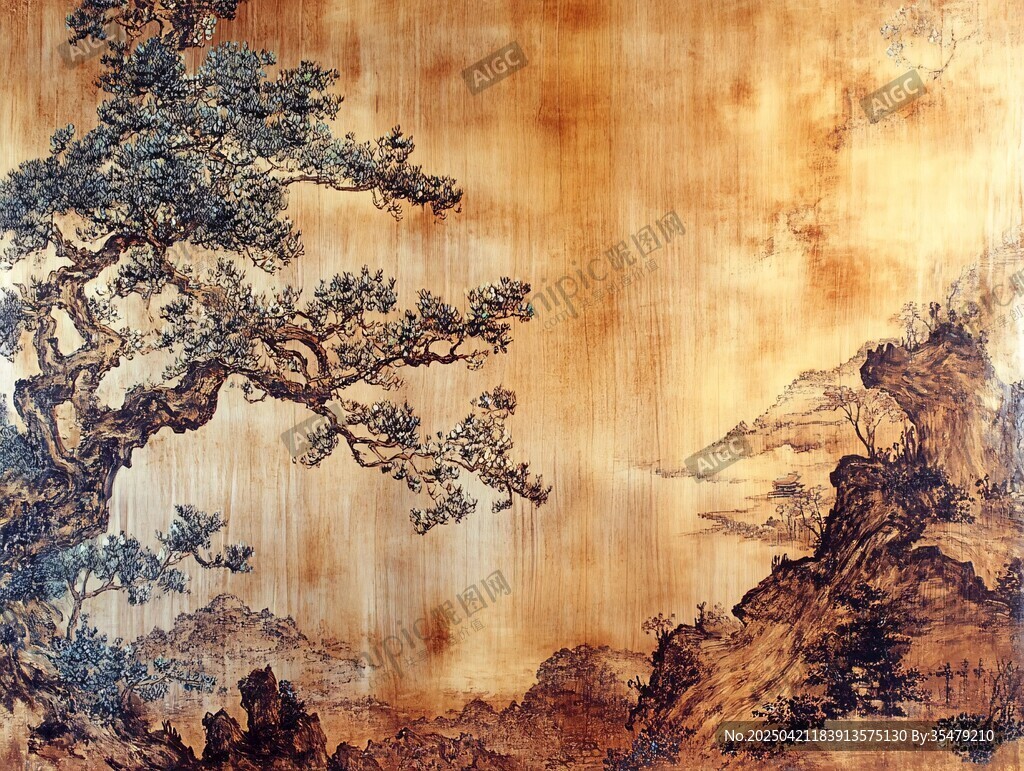 中式山水松景木質(zhì)壁畫