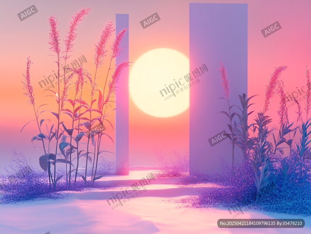 夢幻夕陽下的植物與立柱