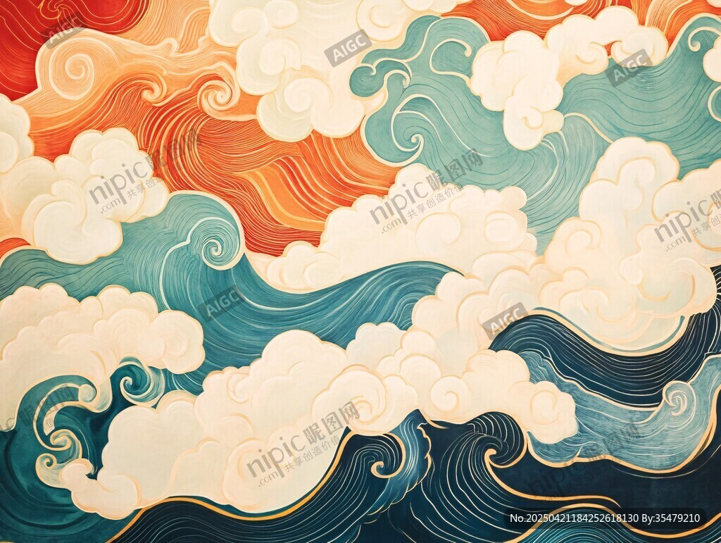 中式海浪云紋國(guó)風(fēng)插畫(huà)