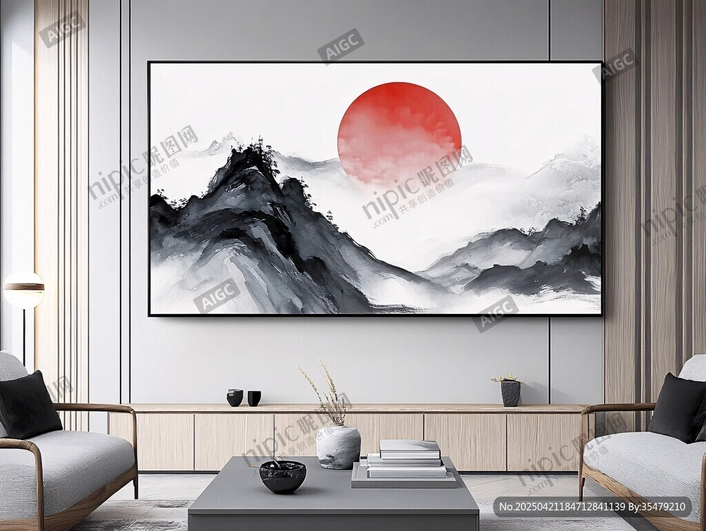 中式客廳中的山水紅日掛畫