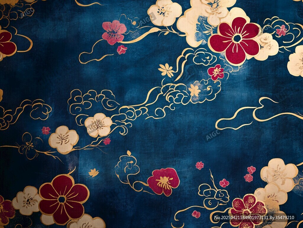 中式古典花卉云紋藍色圖案