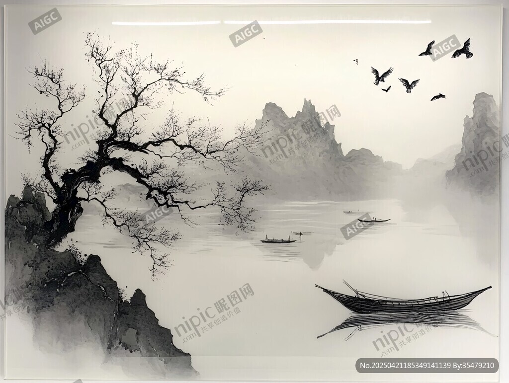 水墨山水孤舟飛鳥圖